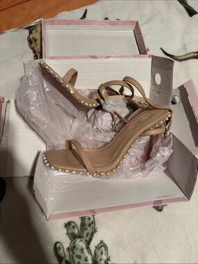 Bella Marie Beige Rhinestone-Trim Strappy Heels